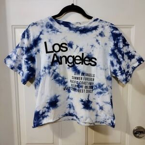 Mighty Fine Women's Short Sleeve Cropped Blue Tie-Dye Los Angeles Tee Size M